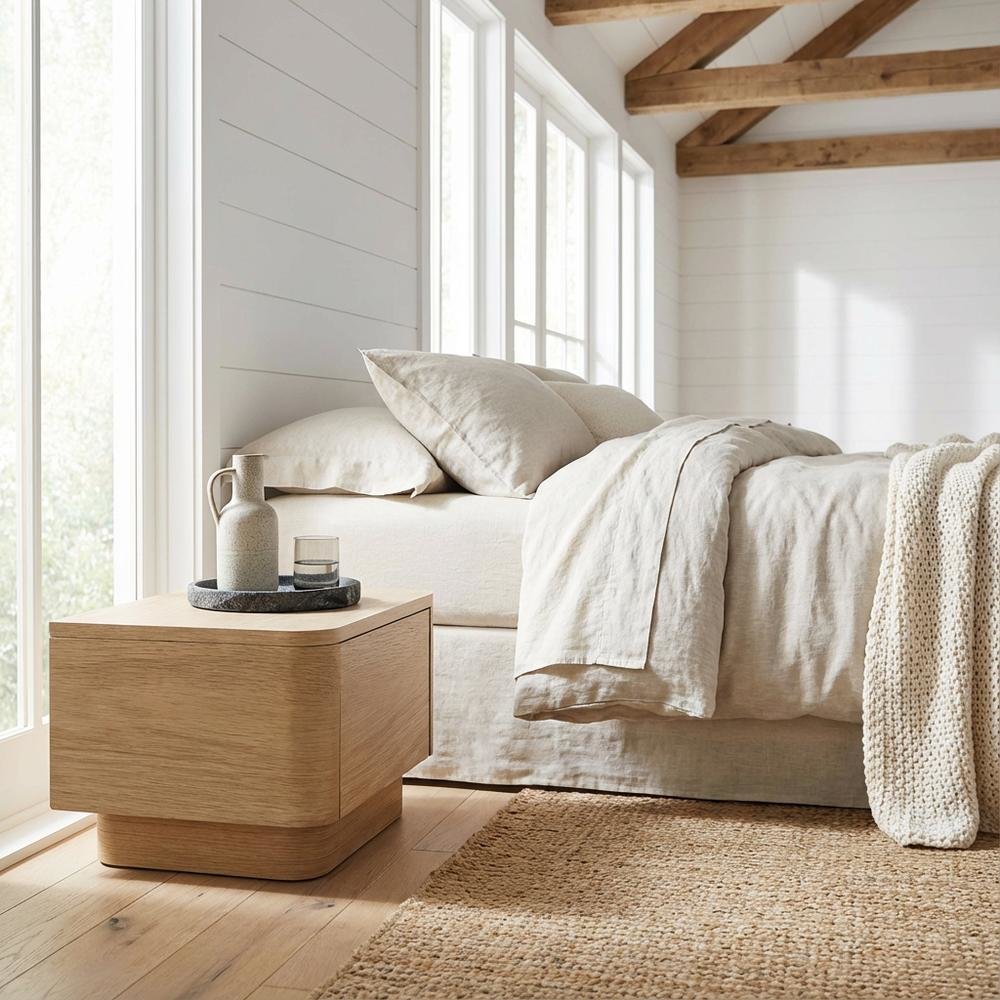 Small Nightstand in Light Oak with Scandinavian Style and Soft Close Drawer