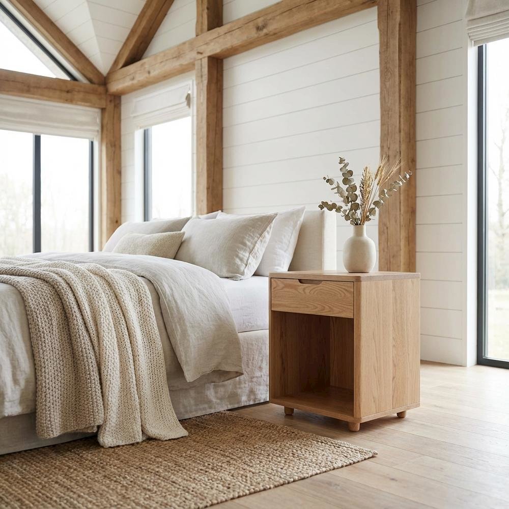 Oak Nightstand with Soft Close Drawer and Solid Wood Frame