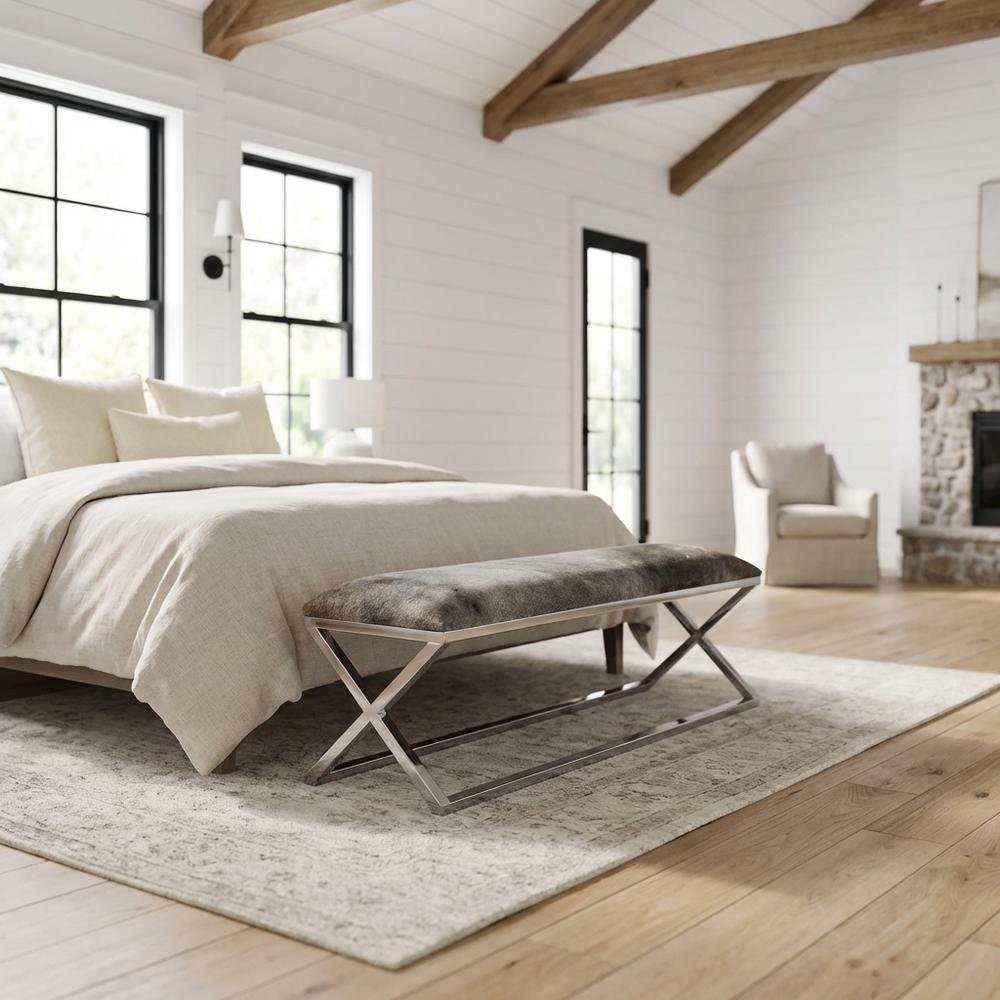Cowhide Upholstered Bench, Contemporary Entryway Bench for Living Room, Gray