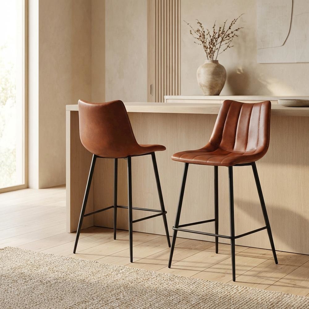 Upholstered Counter Stools Set of 2, Contemporary Bar Stools with Footrest,Brown