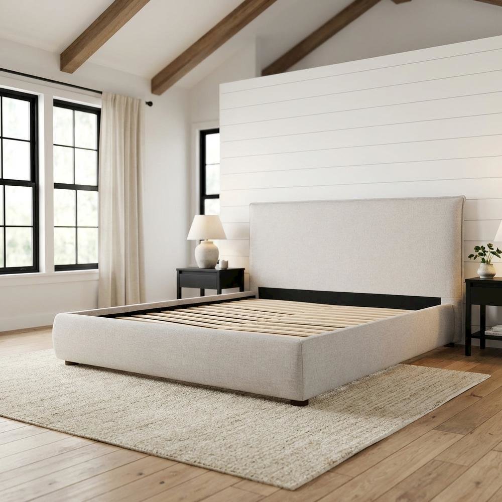 King Platform Bed with Headboard, Scandinavian Bed Frame Bedroom,Gray