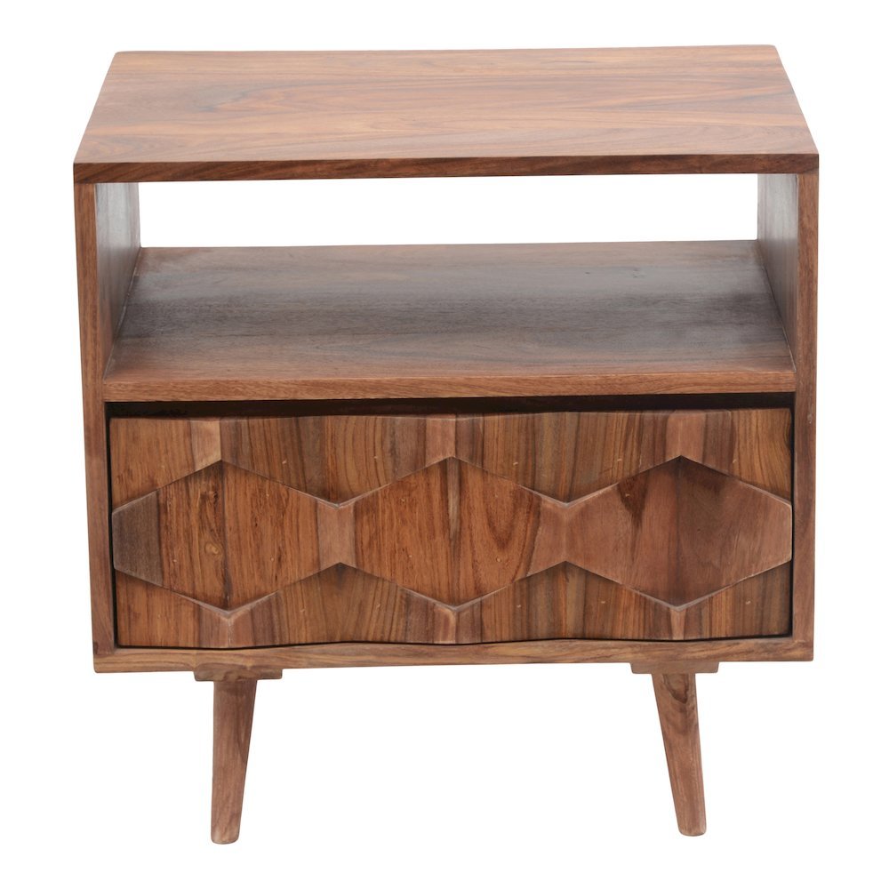 Brown Wooden Nightstand – Solid Sheesham Bedside Table with Drawer