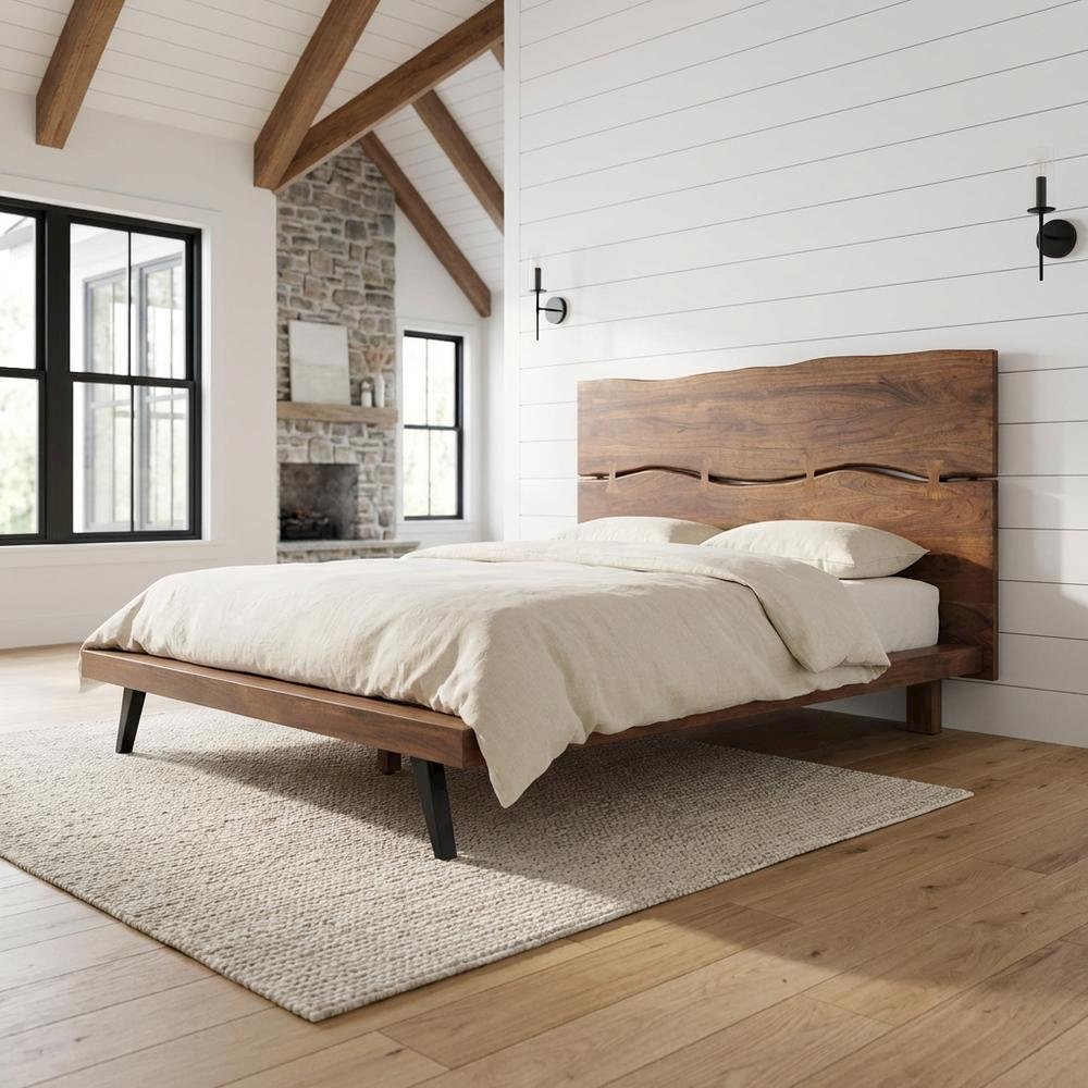 Queen Platform Bed with Headboard, Industrial Wood Bed Frame for Bedroom,Brown