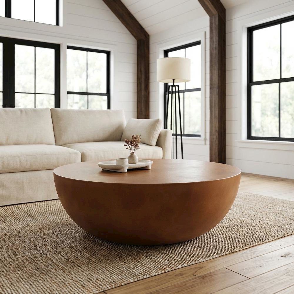 Red Concrete Coffee Table with Semi-Gloss Stone Top and Stain-Repellent Surface