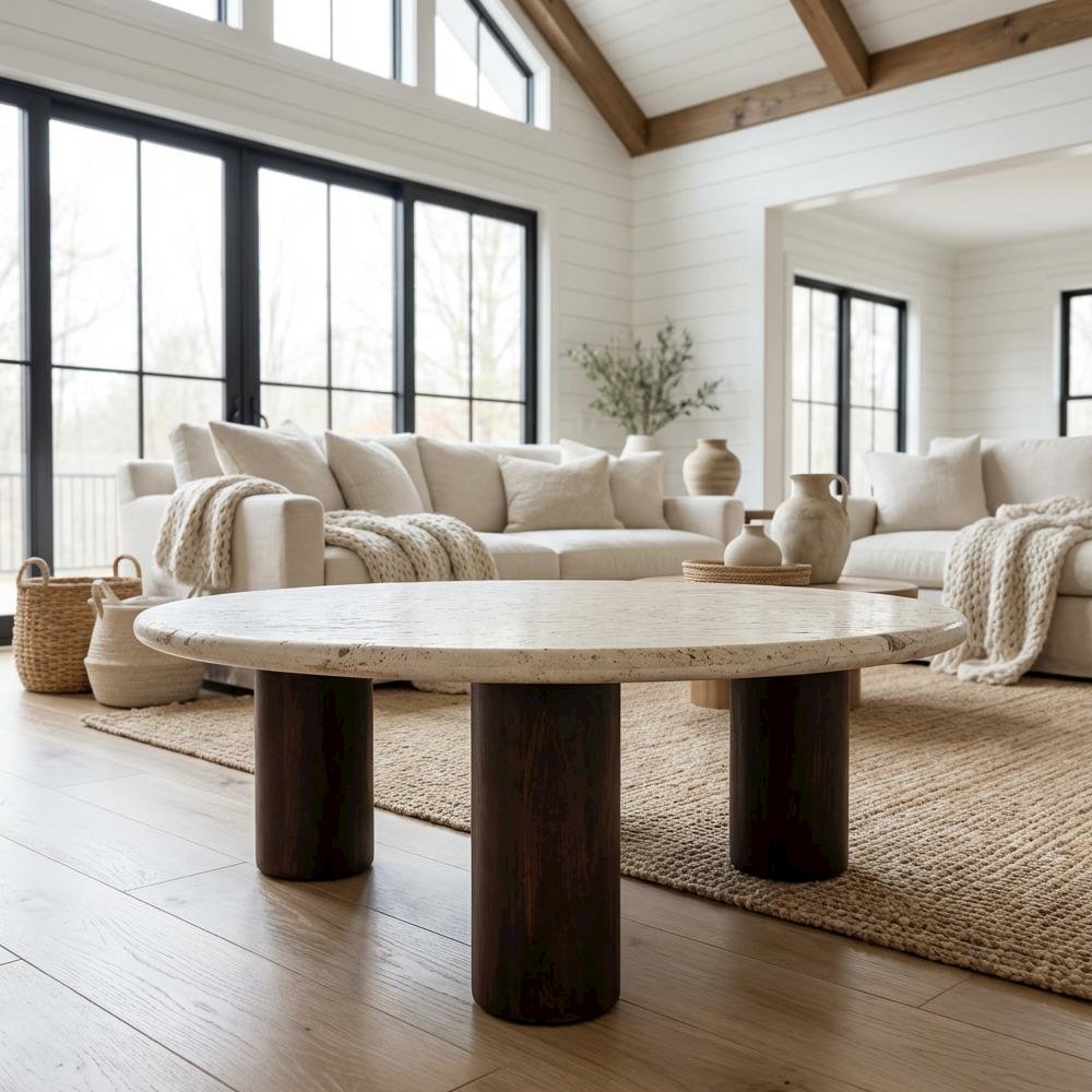 Beige Travertine Stone Coffee Table with Mango Wood Frame and Matte Finish