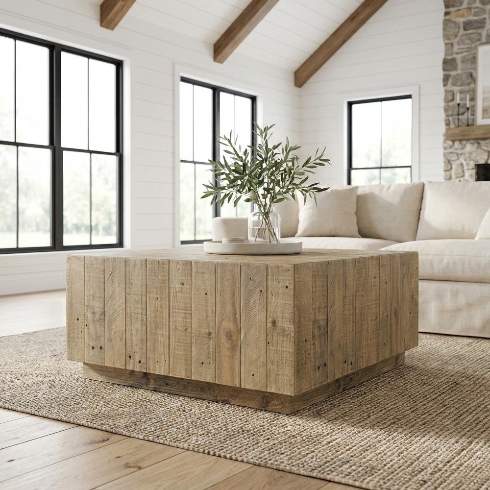 Brown Rustic Coffee Table with Solid Reclaimed Pine Top and Matt Finish