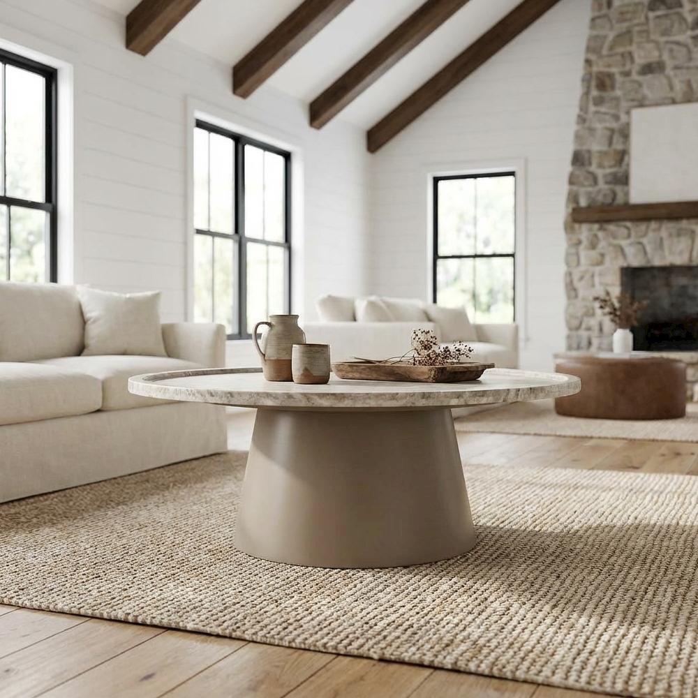 White Marble Coffee Table with Antique White Marble Top and MDF Iron Frame