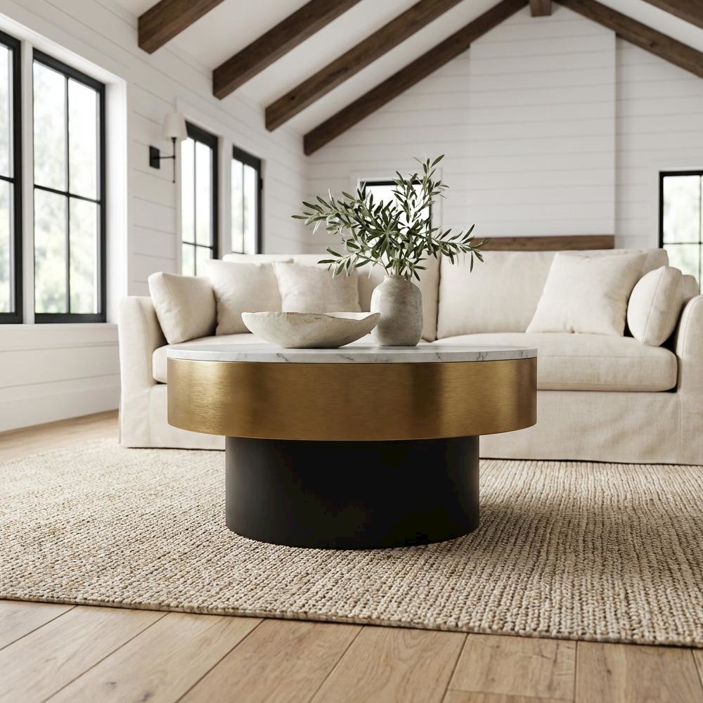 White Marble Top Coffee Table with Iron Base and Art Deco Design