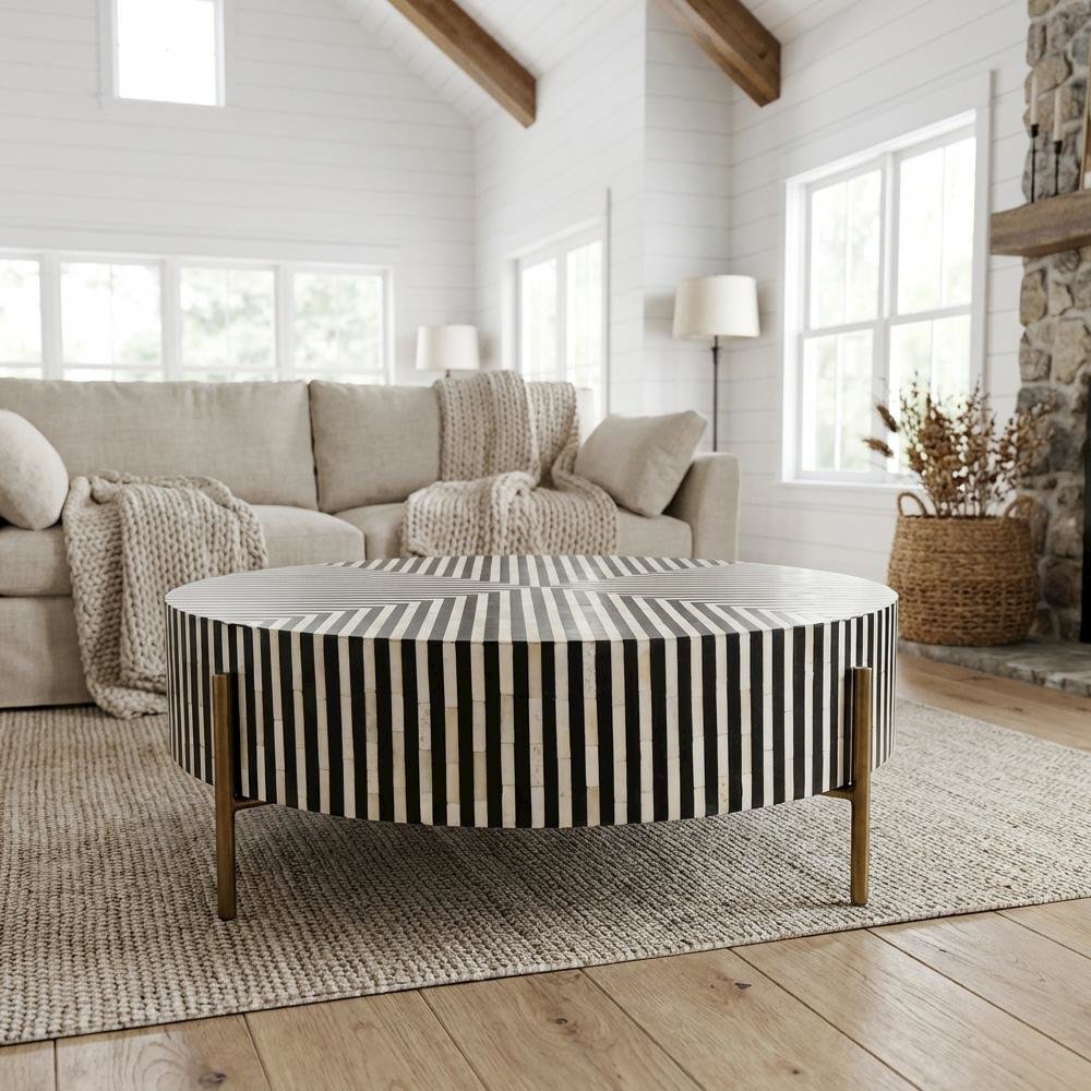 Multicolor Camel Bone Coffee Table with Iron Legs and Semi-Gloss Finish