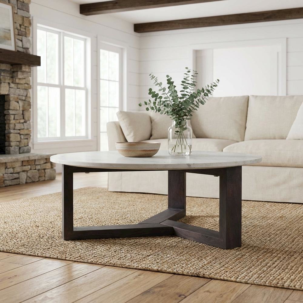 Gray Marble Coffee Table with Solid Acacia Base and Scandinavian Wood Legs