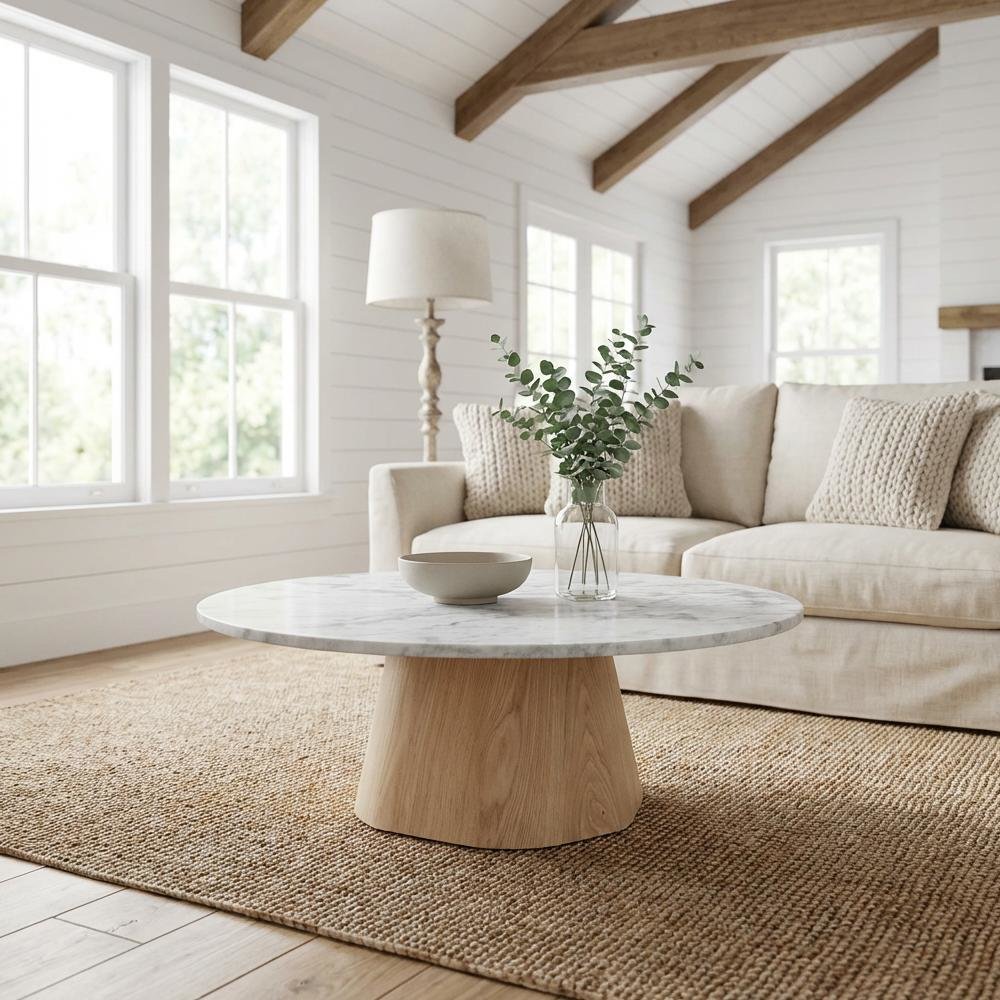 White Marble Coffee Table, Ashen Grey Raj Marble Top, Oak Veneer Plywood Surface