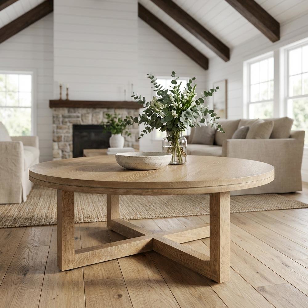 Brown Oak Wood Coffee Table with Metal Frame and Matte Wood-Tone Finish