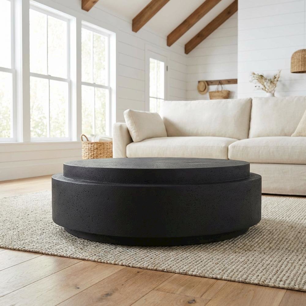 Black Concrete Coffee Table with Stone Surface and Contemporary Design