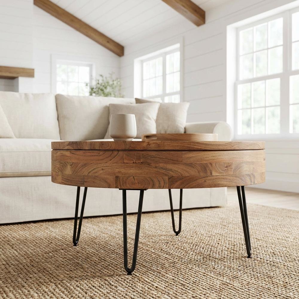 Brown Solid Acacia Coffee Table with Lift-Top Storage and Iron Legs