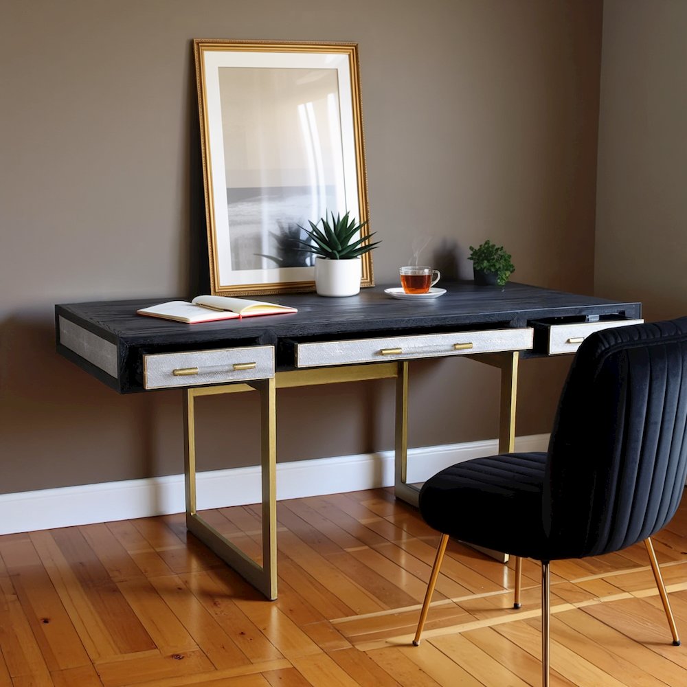 Modern Home Office Desk – Solid Black Oak Frame, 3 Drawers, Brass Gold Accents