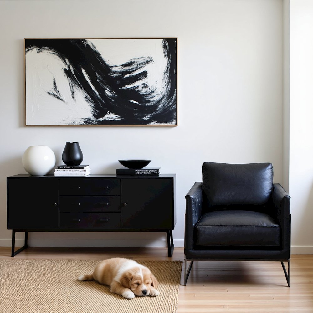Modern Armchair with Black Leather Seat and Sturdy Metal Frame