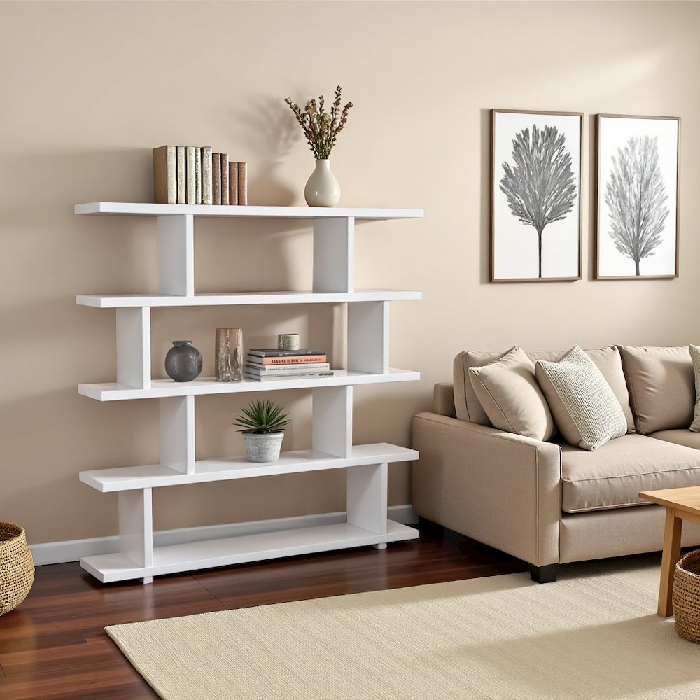 White Wood Bookshelf – Large Modern Wood Bookcase with 4 Tier Shelf