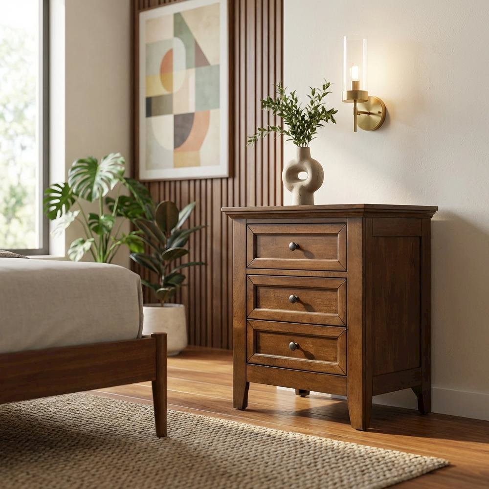 Transitional Wood Nightstand in Finish with 3 Drawers