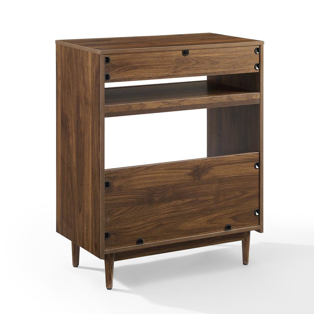 Wooden record player stand with vinyl storage, compact design for living rooms