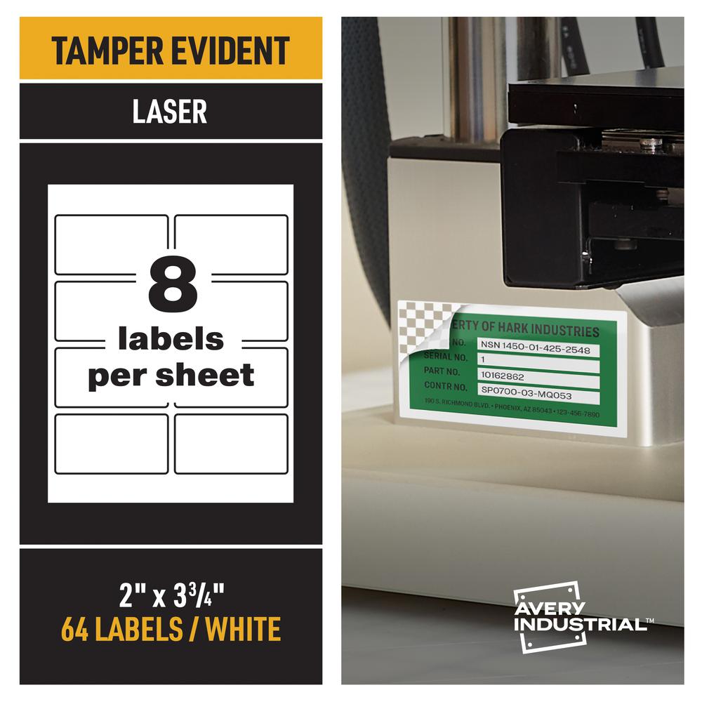 Avery® PermaTrack Tamper-Evident Asset Tag Labels, 2" x 3-3/4" , 64 Asset Tags - Waterproof - 2" Width x 3 3/4" Length - Permanent Adhesive - Rectangle - Laser - White - Film - 8 / Sheet - 40 Tota