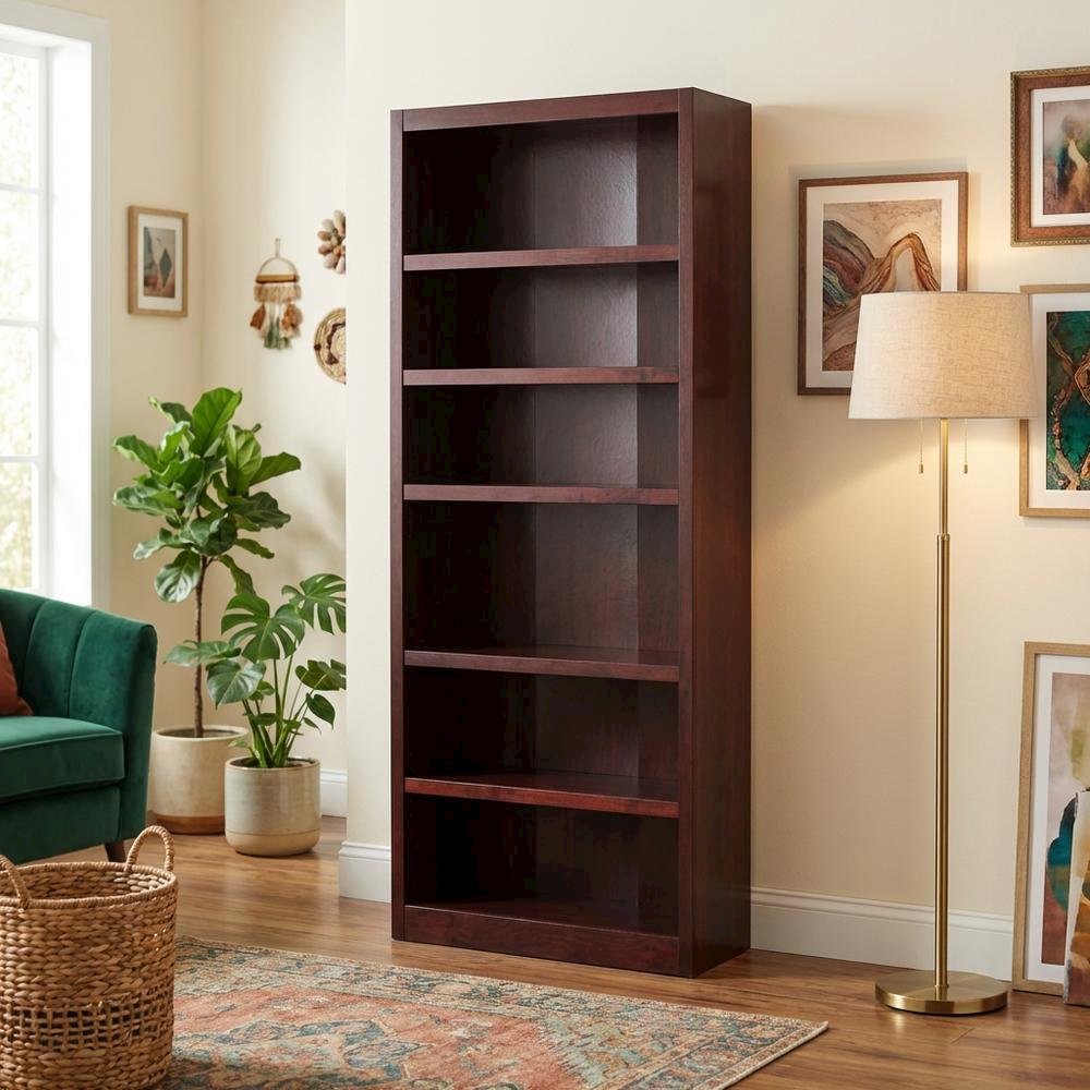 Cherry Finish Single Wide Bookcase with 6 Adjustable Shelves