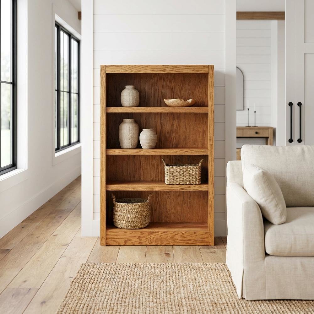 Wide Bookcase with 4 Shelves in Rustic Oak Finish for Organized Storage