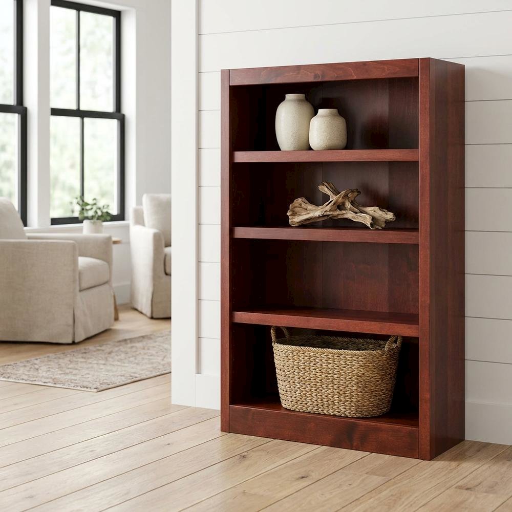 Cherry finish single wide bookcase, 4 adjustable, fixed shelves, sturdy design