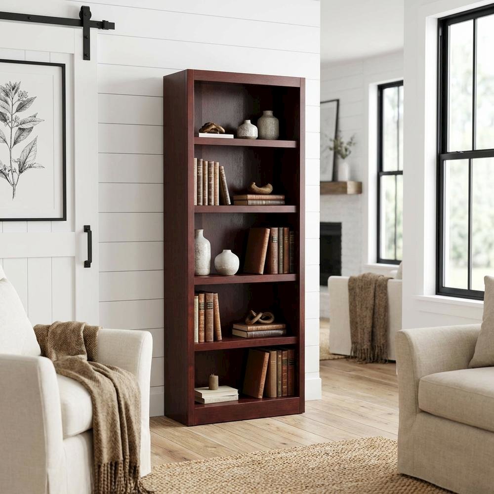 Cherry Finish Single Wide Bookcase with 5 Shelves and Adjustable Storage
