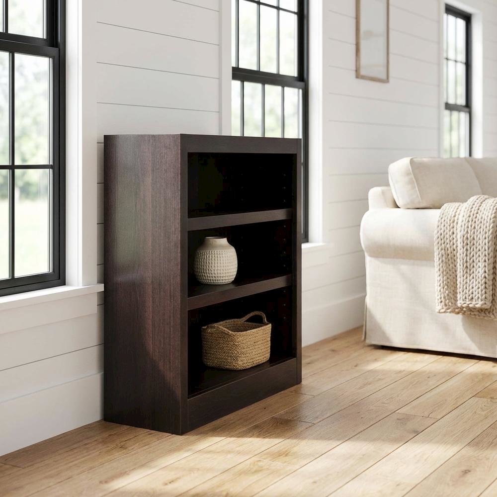 Espresso Finish Single Wide Bookcase with 3 Shelves and Sturdy Construction
