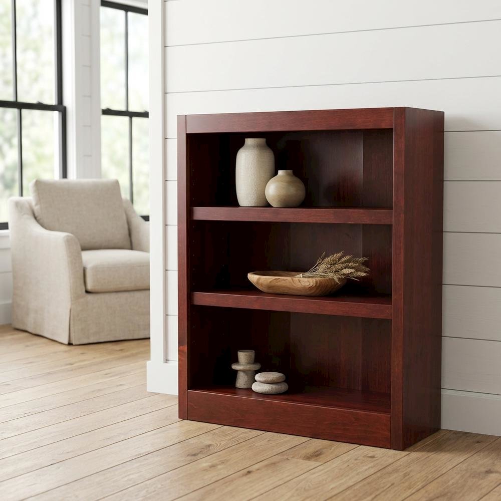Cherry Finish Single Bookcase, Adjustable and Fixed Shelves, Living Room Storage