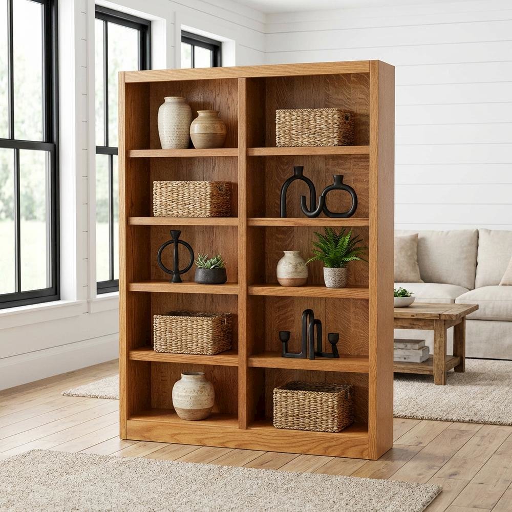 Double Wide Bookcase with 10 Shelves and Dry Oak Finish for Storage