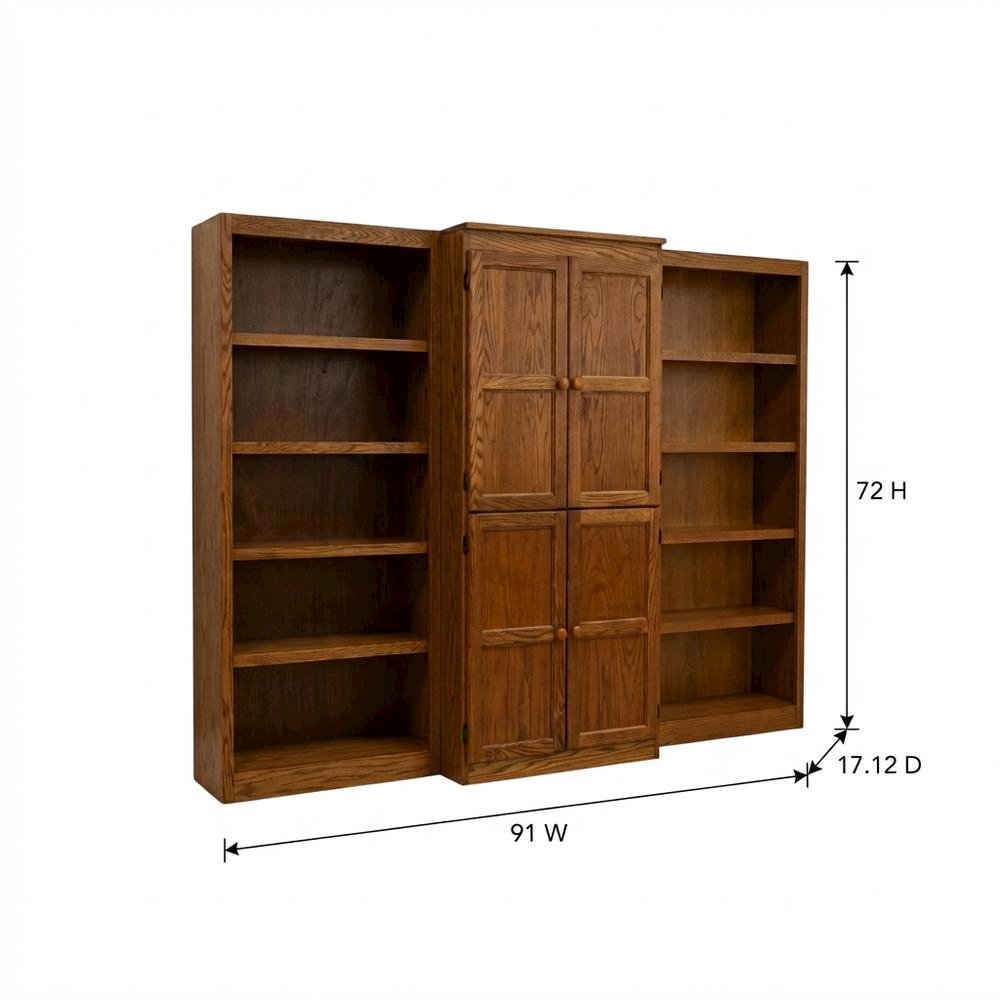 Dry oak finish wall and storage system with 15 shelves and durable construction