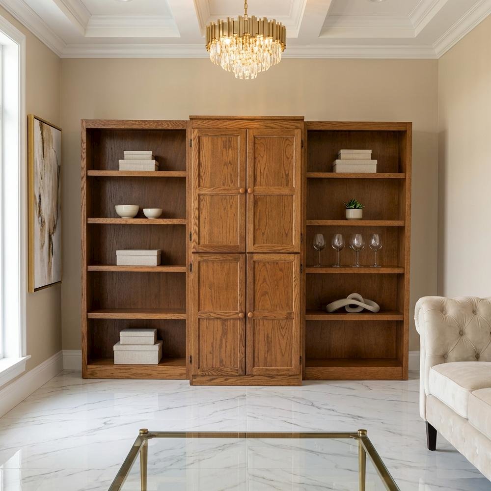 Dry oak finish wall and storage system with 15 shelves and durable construction