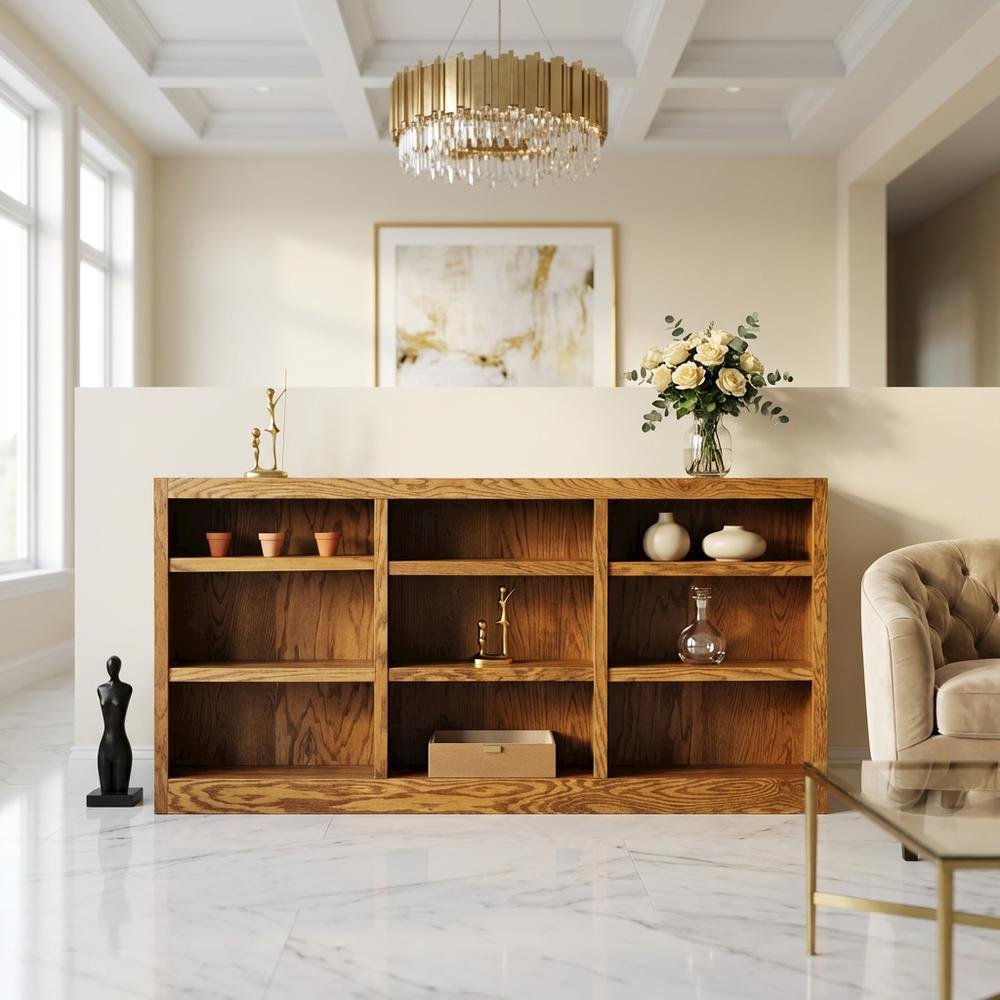 Dry Oak Finish Wall Storage Bookcase with Adjustable Shelves and Sturdy Support