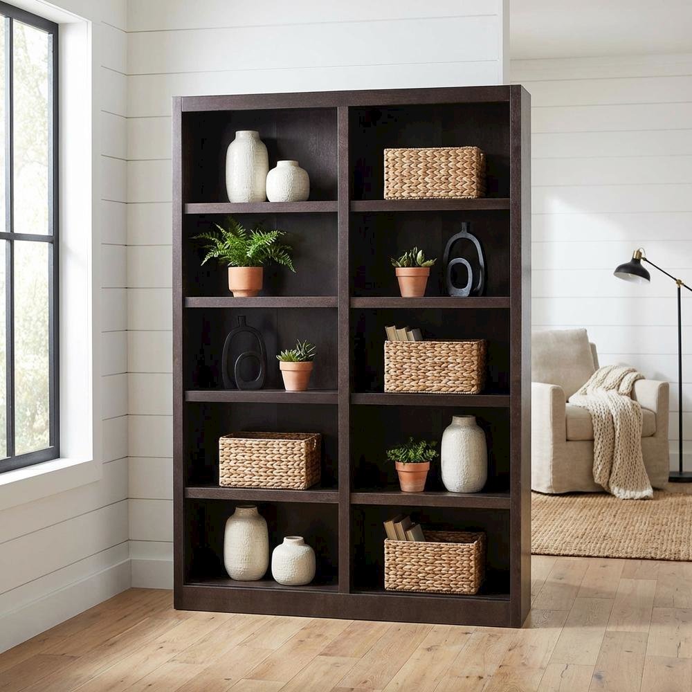Espresso Finish Double Wide Bookcase with 10 Shelves and Adjustable Storage