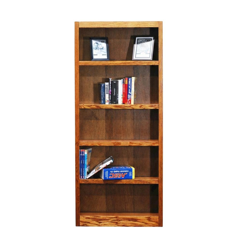 Single Wide Bookcase with 5 Shelves in Dry Oak Finish for Spacious Storage