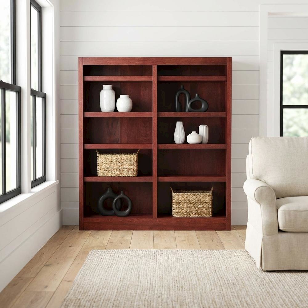 Cherry Finish Double Wide Bookcase with 8 Shelves and Adjustable Storage