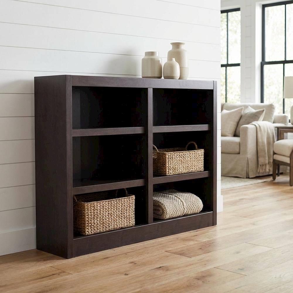 Espresso Finish Double Wide Bookcase with 6 Shelves and Adjustable Storage