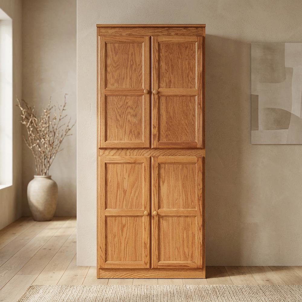 Dry Oak 5-Shelf Storage Cabinet, 30x72 Inch, Solid Wood, Self-Closing