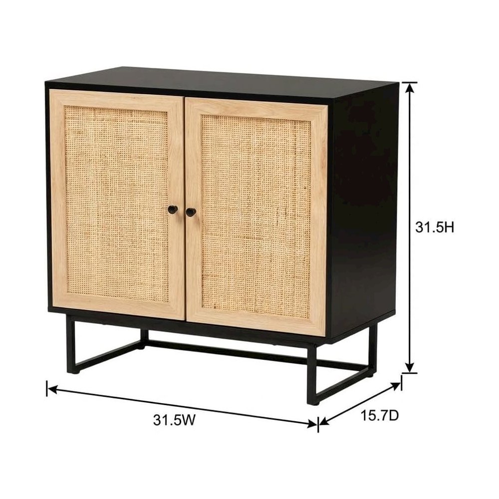 Wood And Rattan 2-Door Storage Cabinet With Mid-Century Style