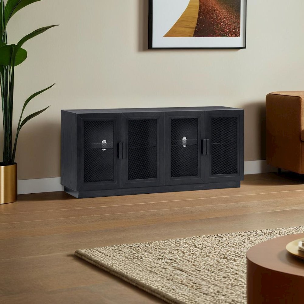 Sleek Black Wood Media Console with Adjustable Shelves for Modern Living