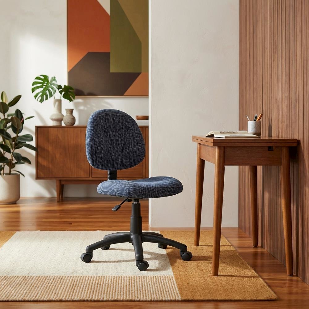 Blue Armless Office Chair With Wheels, Ideal Desk Chair For Sewing Tasks