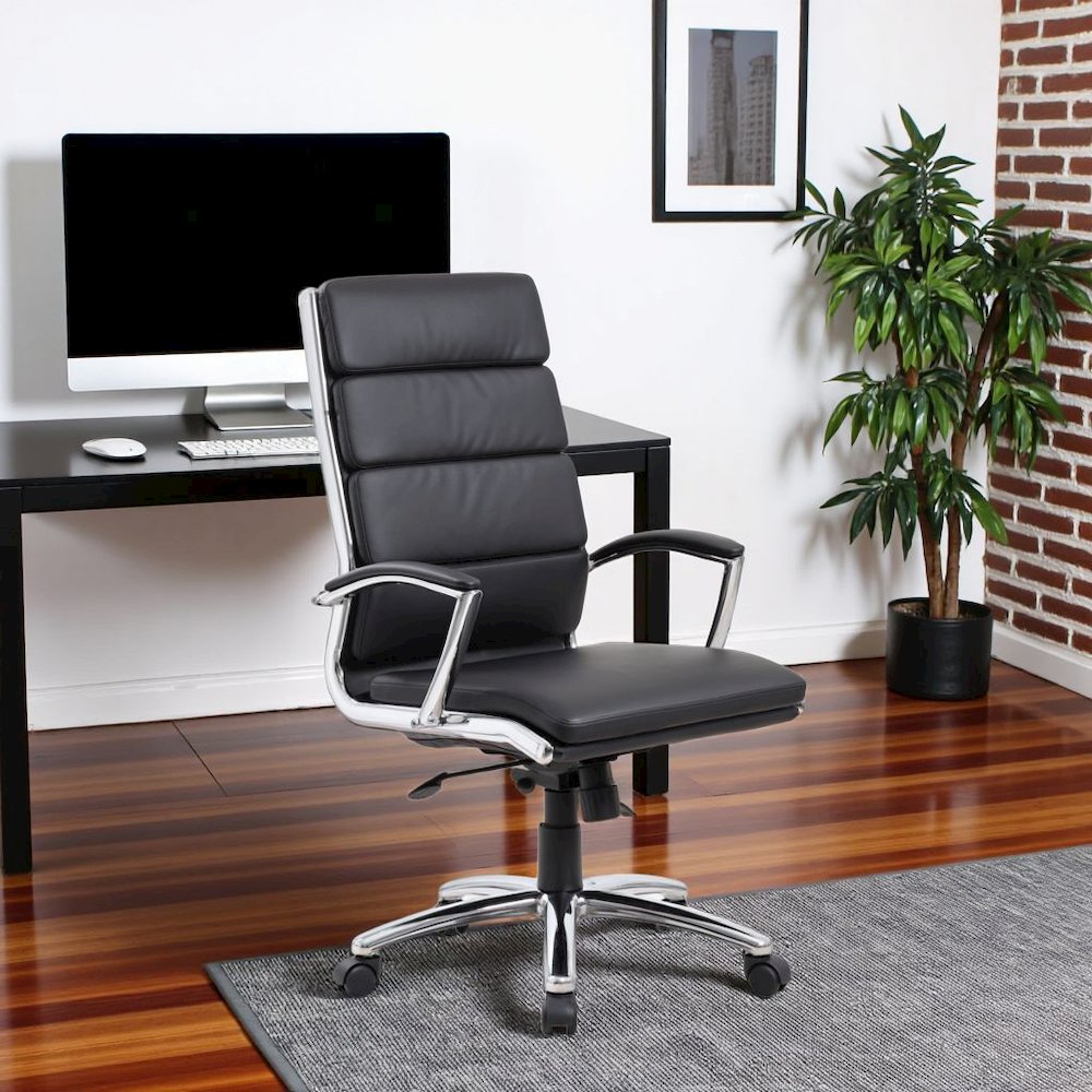 Black Desk Chair With Chrome Base, Modern Conference Room Chair With Wheels