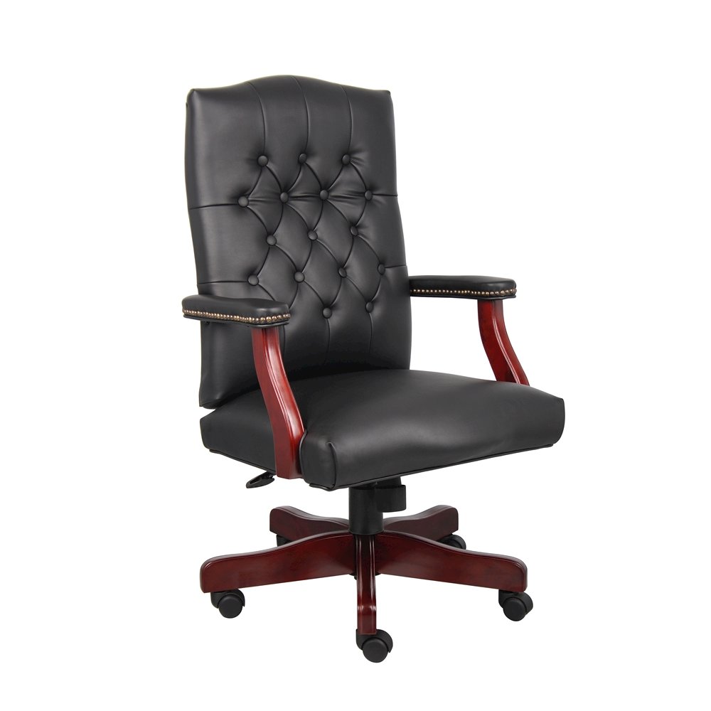 Tufted Executive Desk Chair in Black Faux Leather With Mahogany Base
