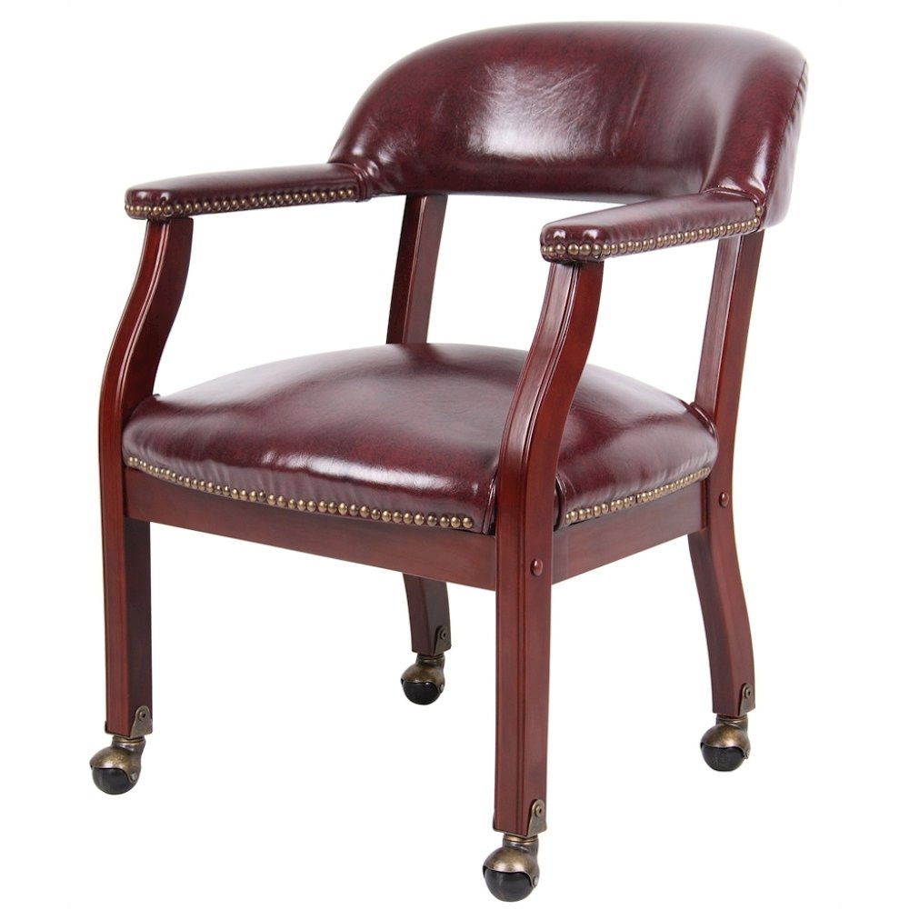 Burgundy Wooden Chair With Arms, Dining or Kitchen Chair With Casters