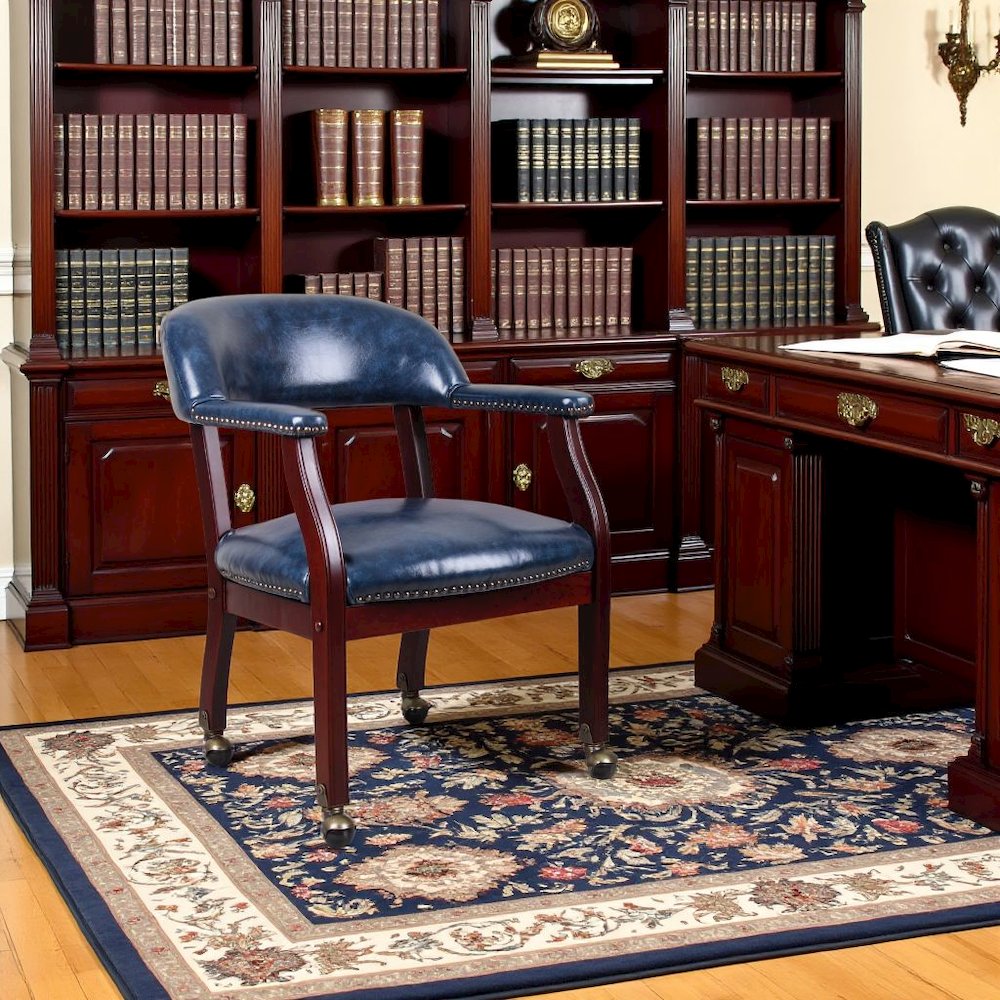 Blue Wooden Chair With Arms, Dining or Kitchen Chair With Casters