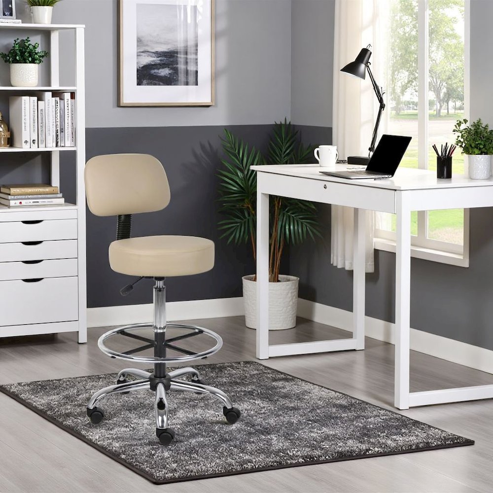 Beige Drafting Chair Office Stool With Back, Tall Work Stool On Wheels