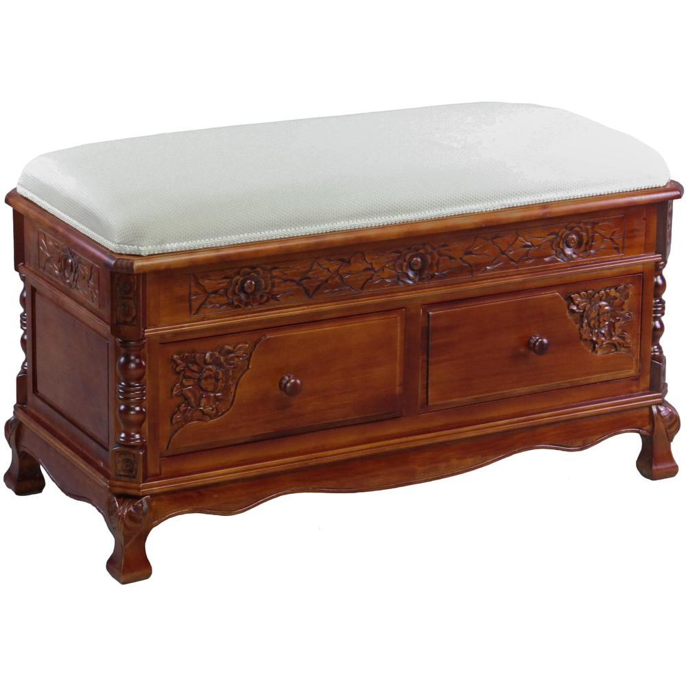 Carved Wood 2 Drawer Storage Bench