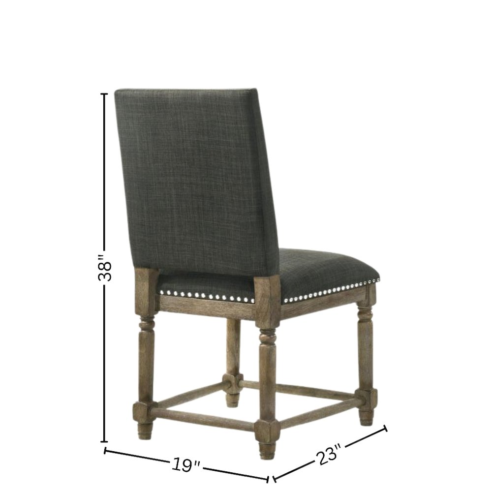 Set of 2 Dining Chairs, Gray Fabric, Nailhead Trim, Solid Wood Legs