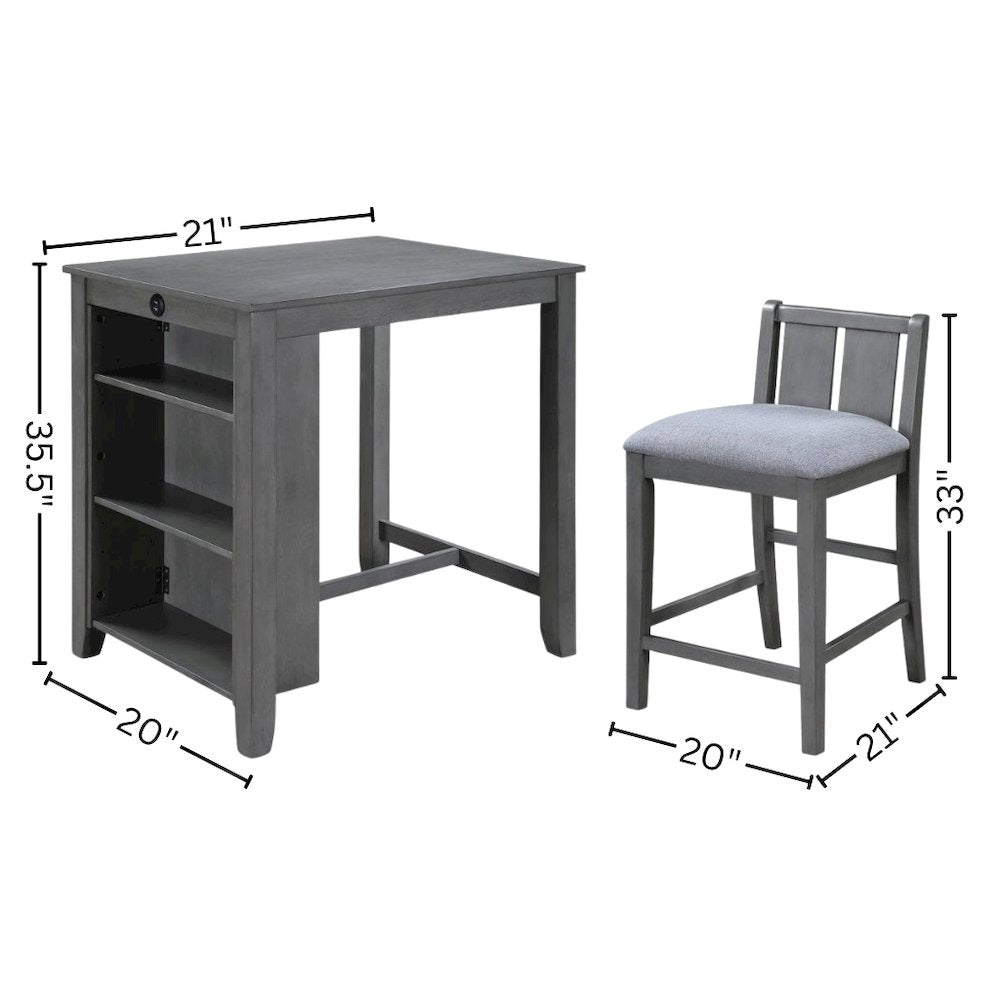 3 Piece Dining Set, Counter Height, USB Ports, Gray